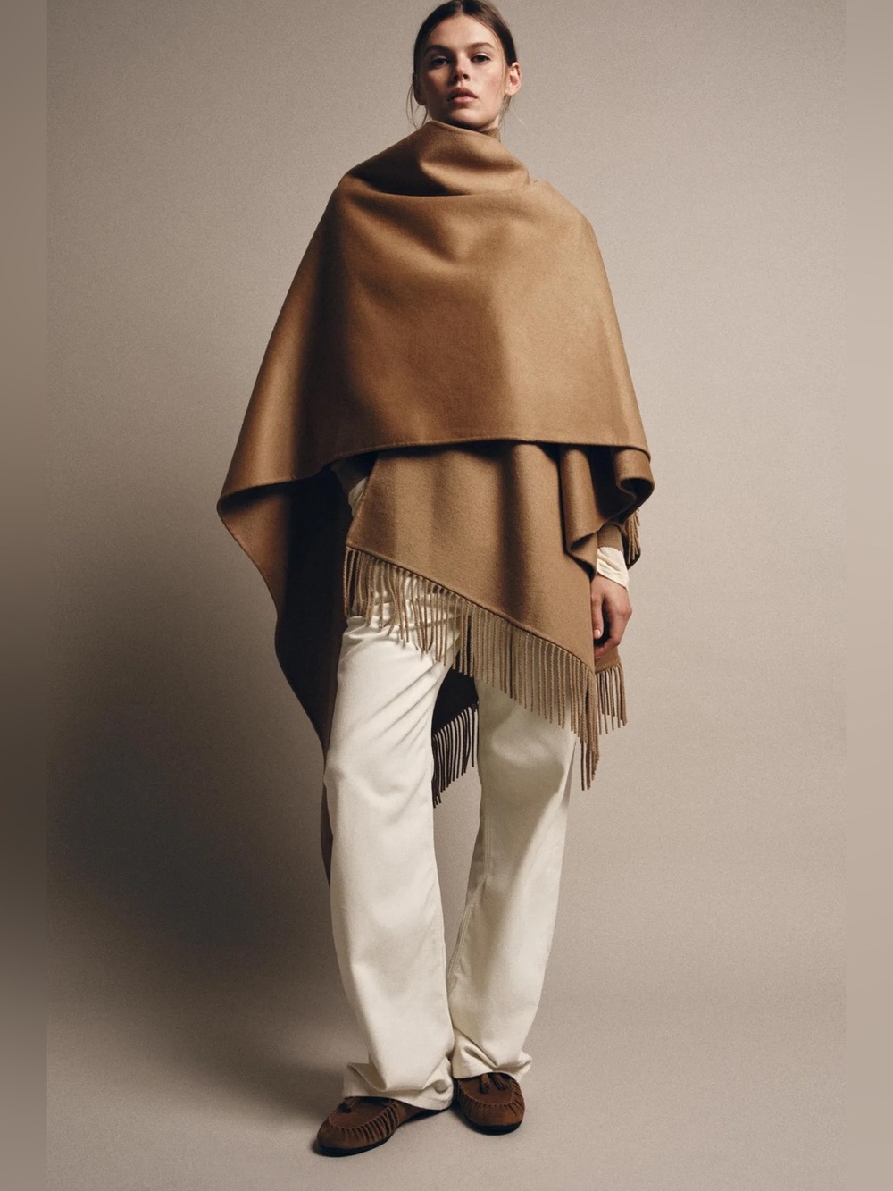 NWT. Zara Mid-Camel Wool Blend Fringed Open Long Cape.